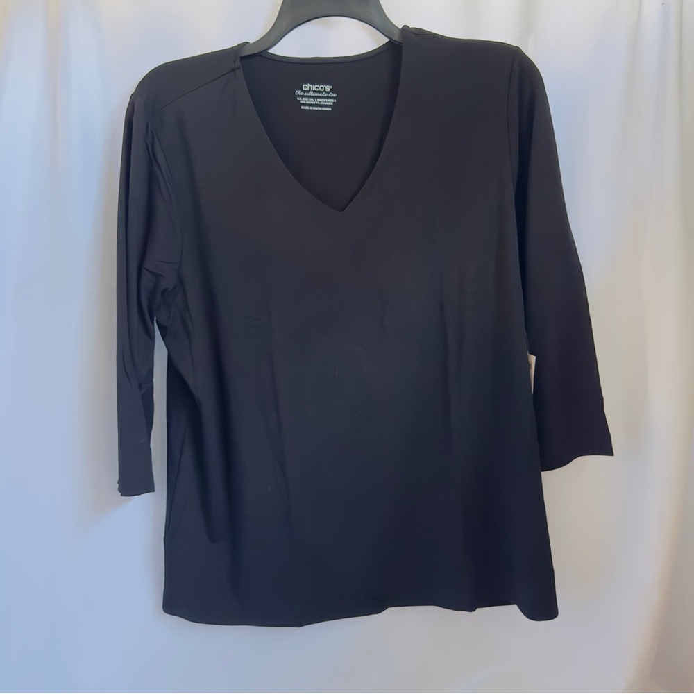NWT Chico's Black Scoop-Neck Tee Rayon Spandex 3/4 Sleeve Basic Knit Tunic SZ4